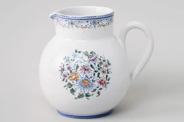 Round pitcher with polychrome bouquet and frieze motif