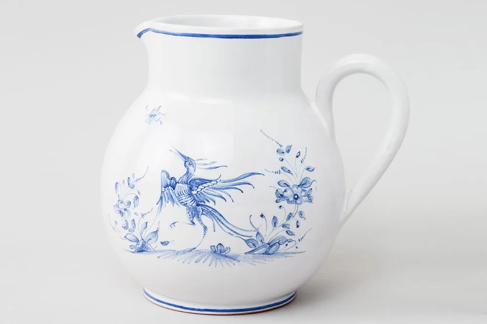 Round pitcher with blue bird motif