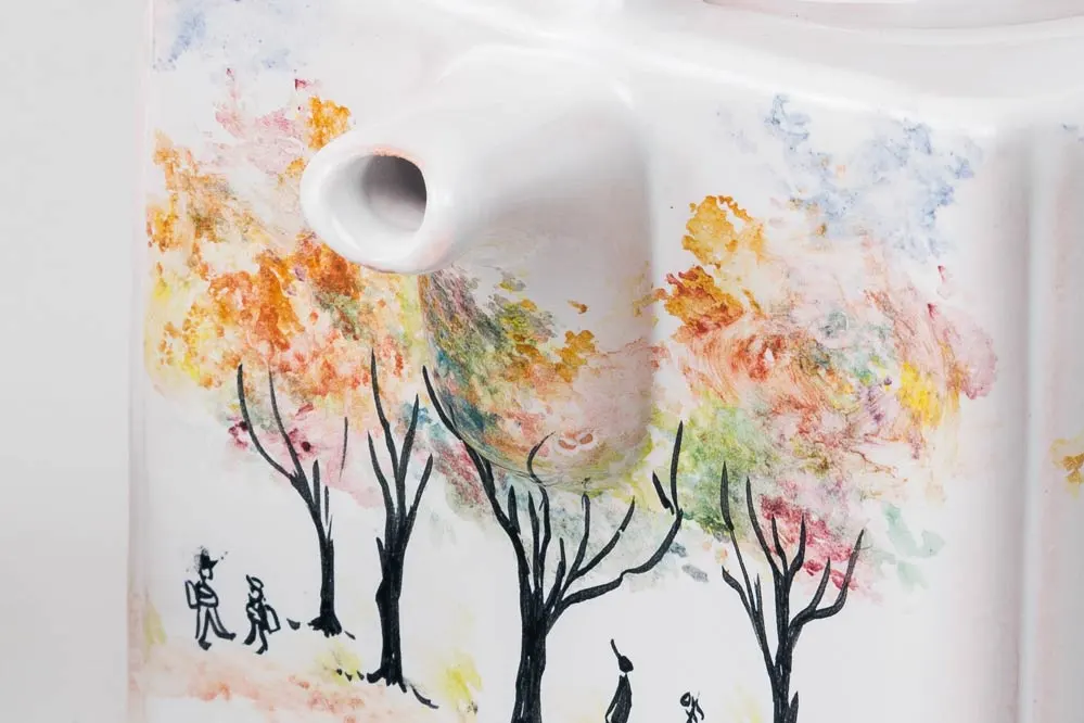 Detail of square teapot with motif designed by Japanese artist Junko Miyoshi